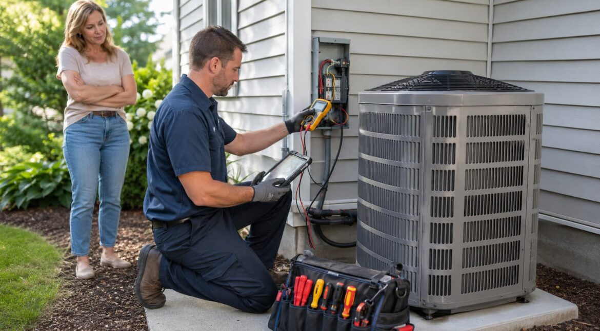 HVAC technician diagnosing why an AC breaker keeps tripping
