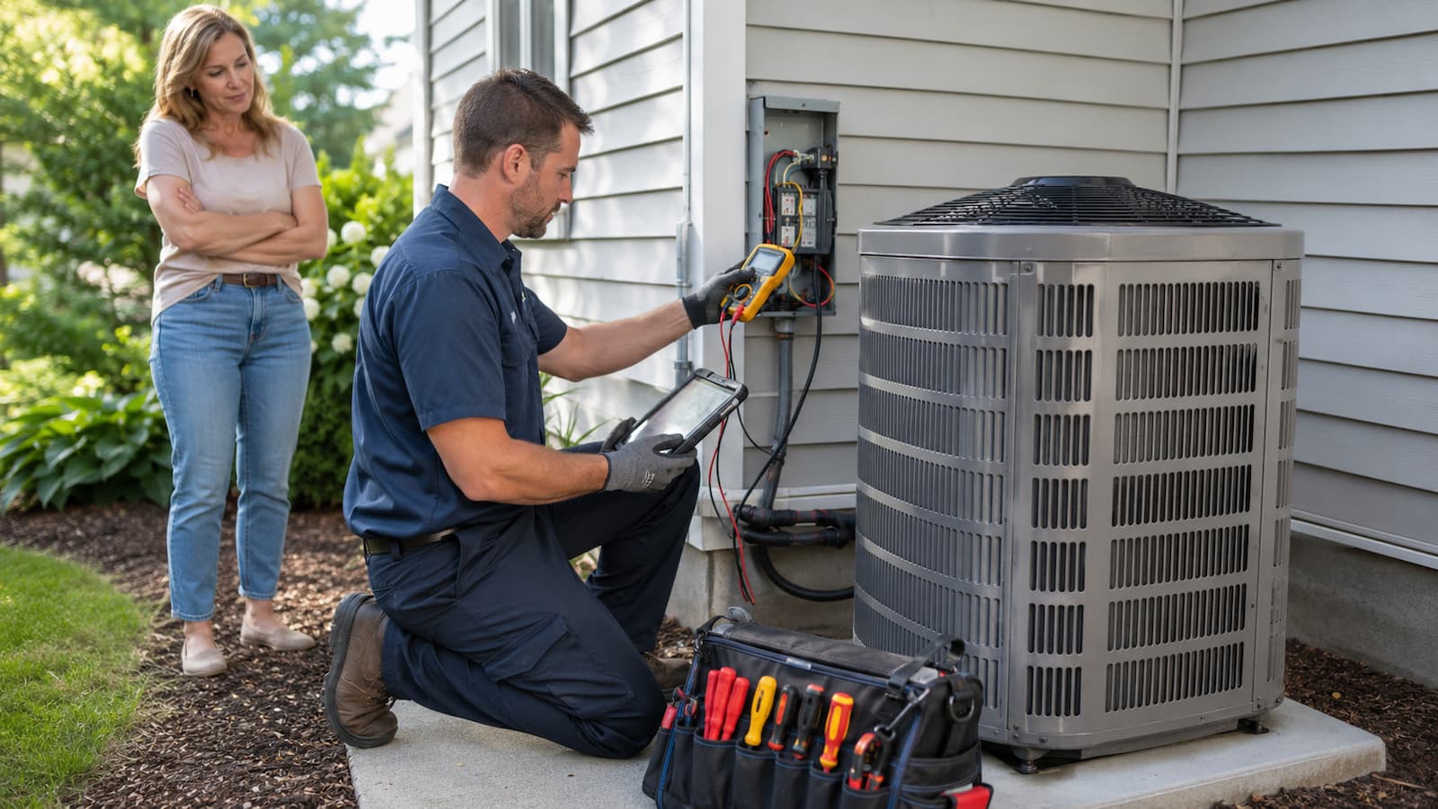HVAC technician diagnosing why an AC breaker keeps tripping