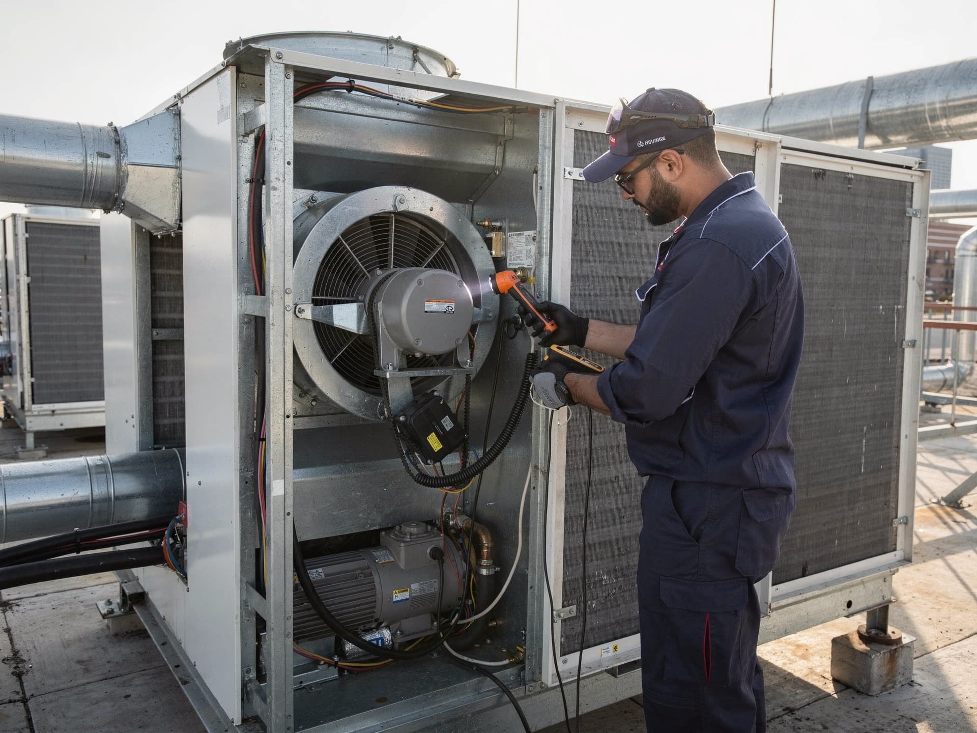 Commercial HVAC technician diagnosing an air handler or AHU in New Jersey