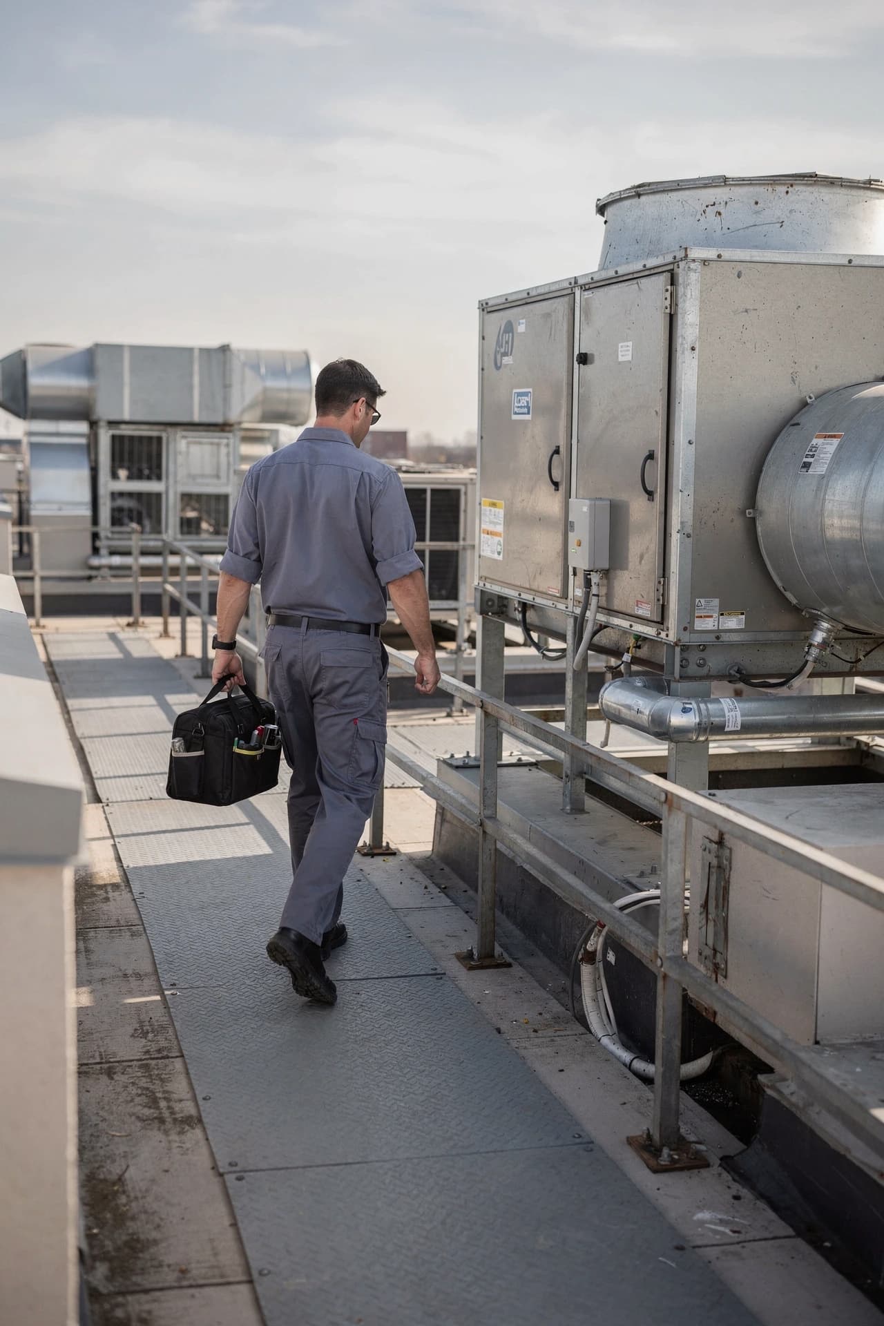 Commercial HVAC technician arriving to service an air handler or AHU