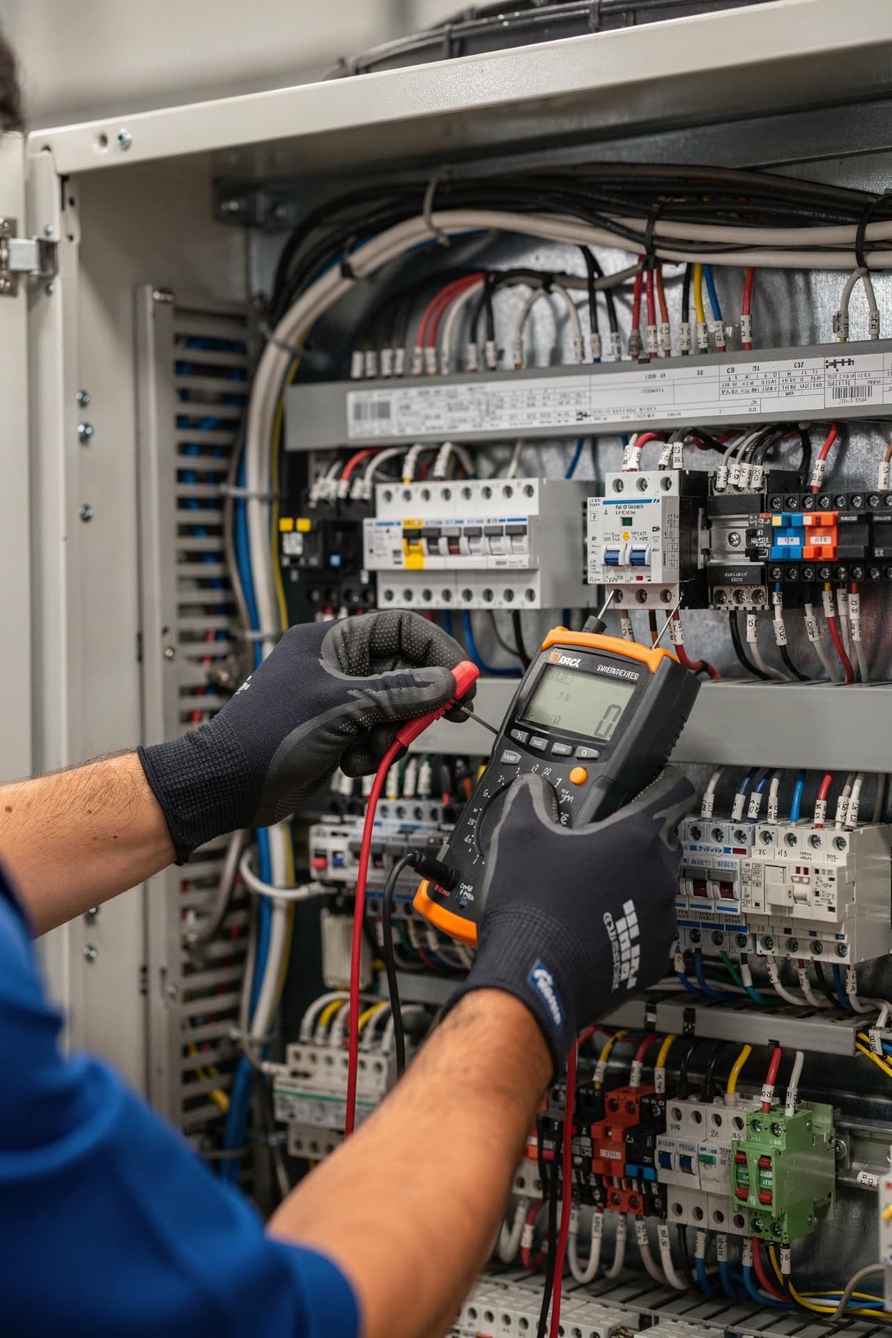 Commercial HVAC technician testing electrical controls and system components