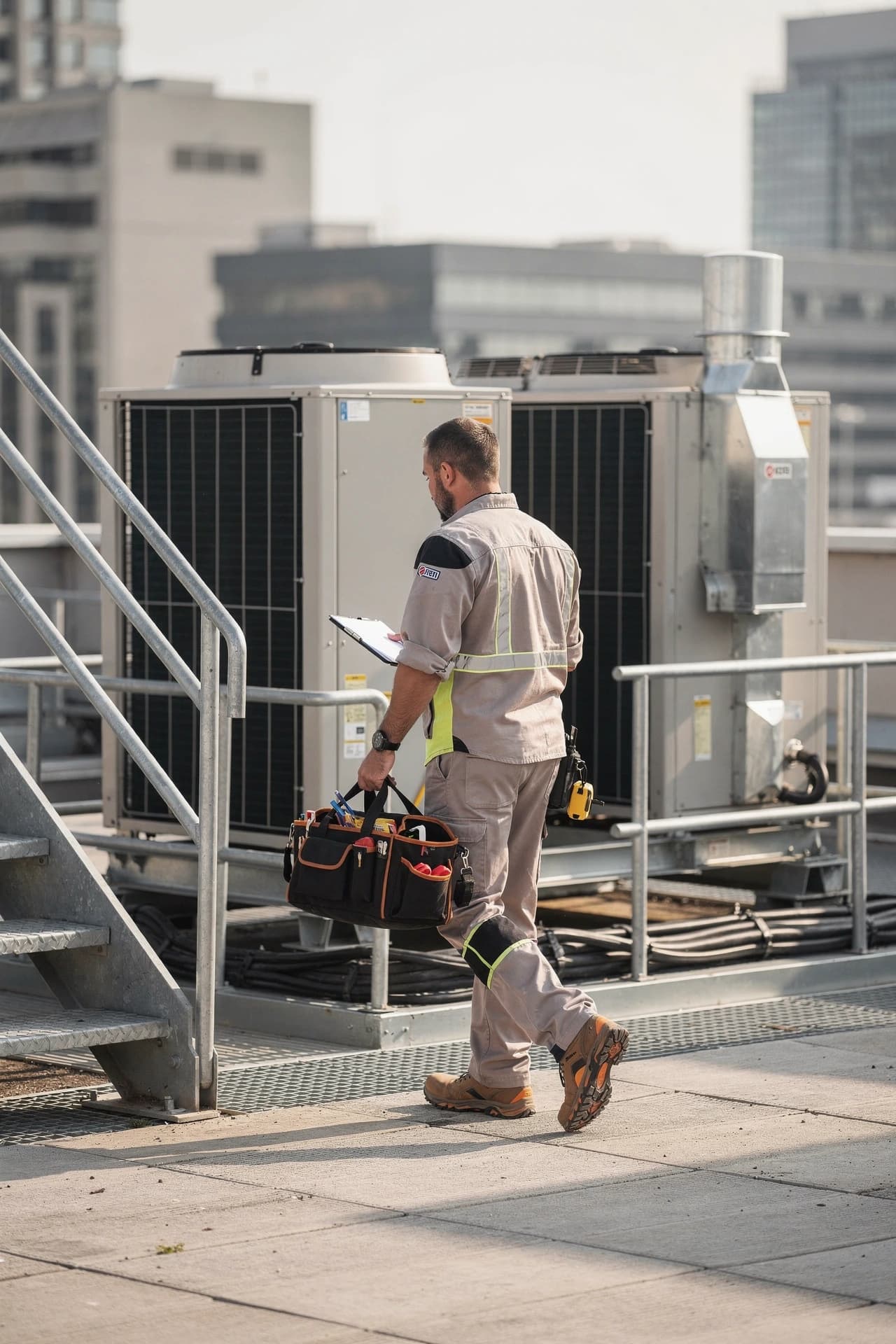 Commercial HVAC technician arriving for scheduled maintenance service