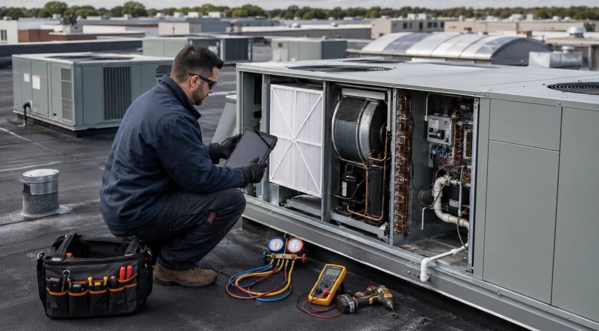 Commercial HVAC technician performing rooftop unit maintenance on a New Jersey building