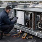 Commercial HVAC technician performing rooftop unit maintenance on a New Jersey building