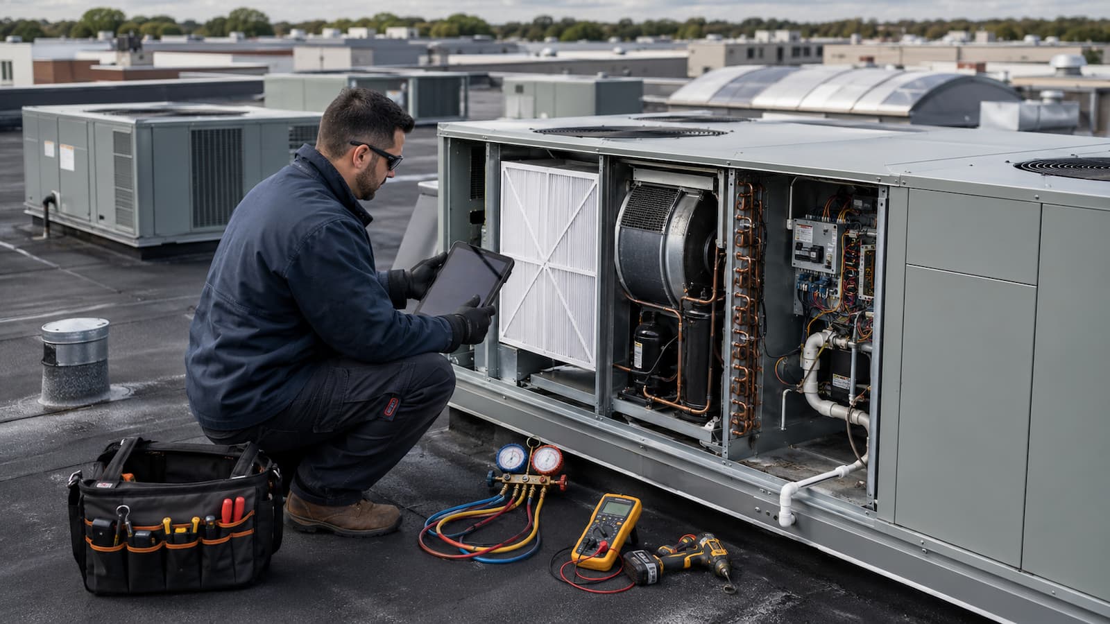 Commercial HVAC technician performing rooftop unit maintenance on a New Jersey building