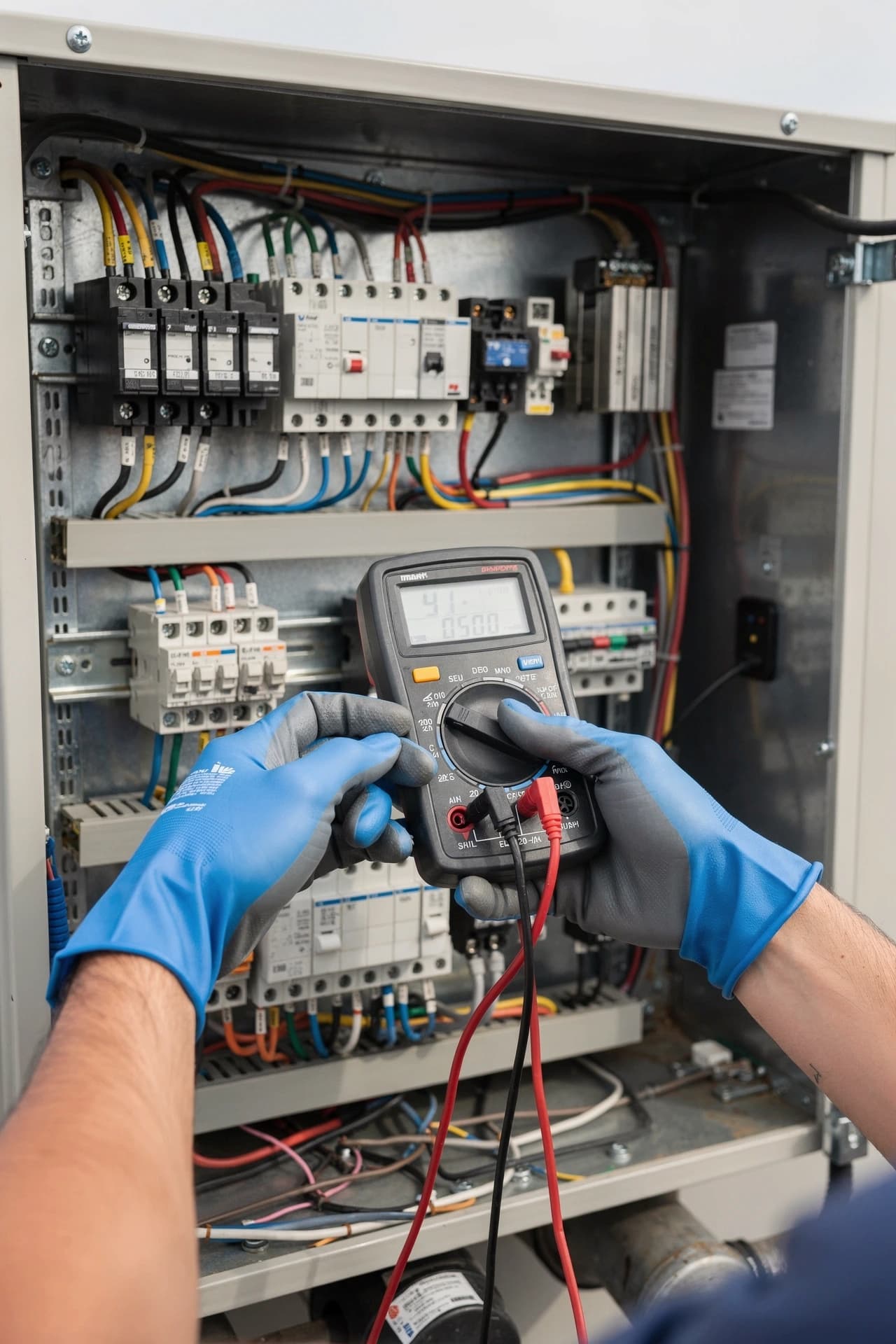 Commercial HVAC technician checking electrical and control components during maintenance