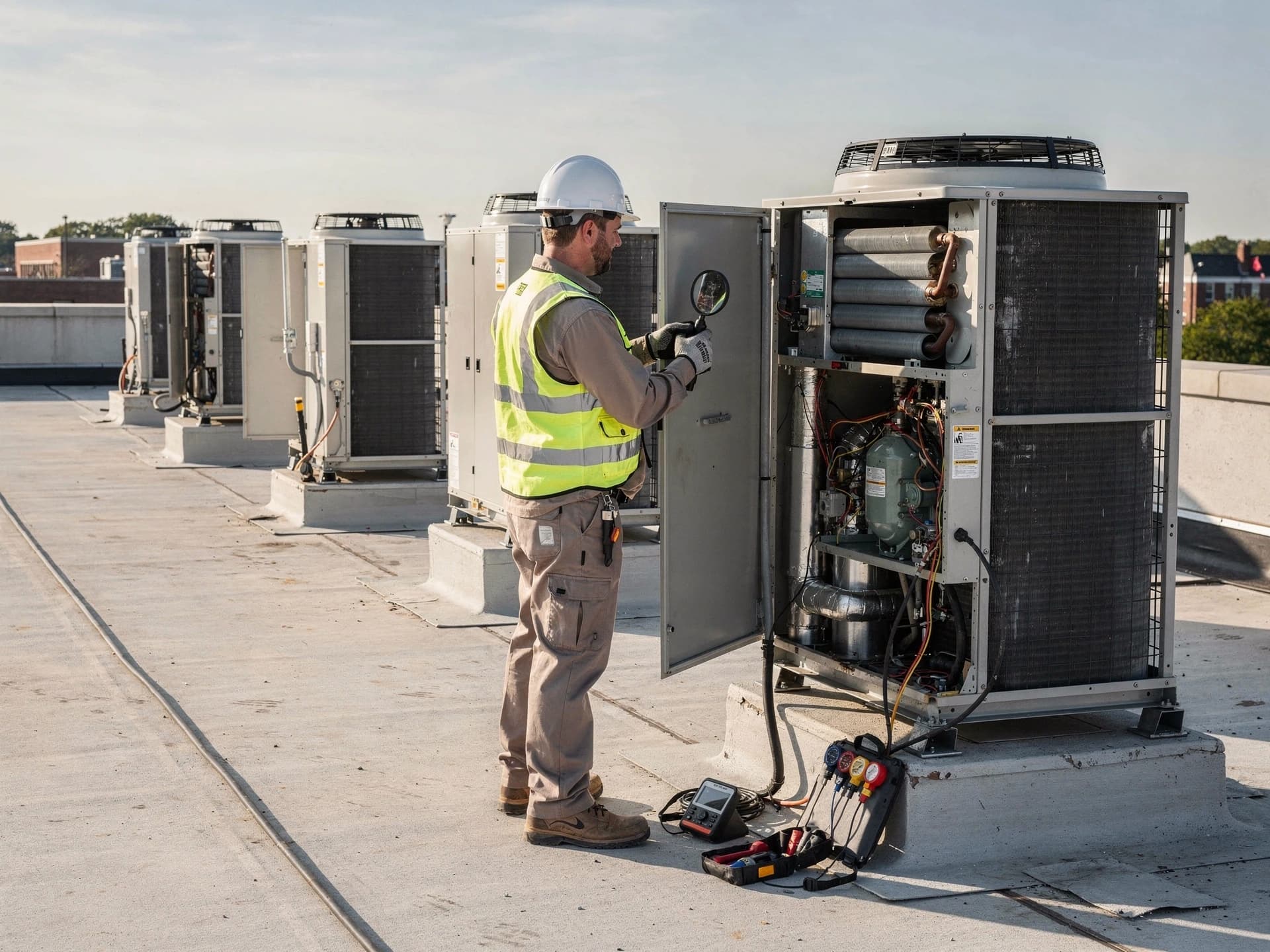 Commercial HVAC technician performing rooftop maintenance inspection in New Jersey