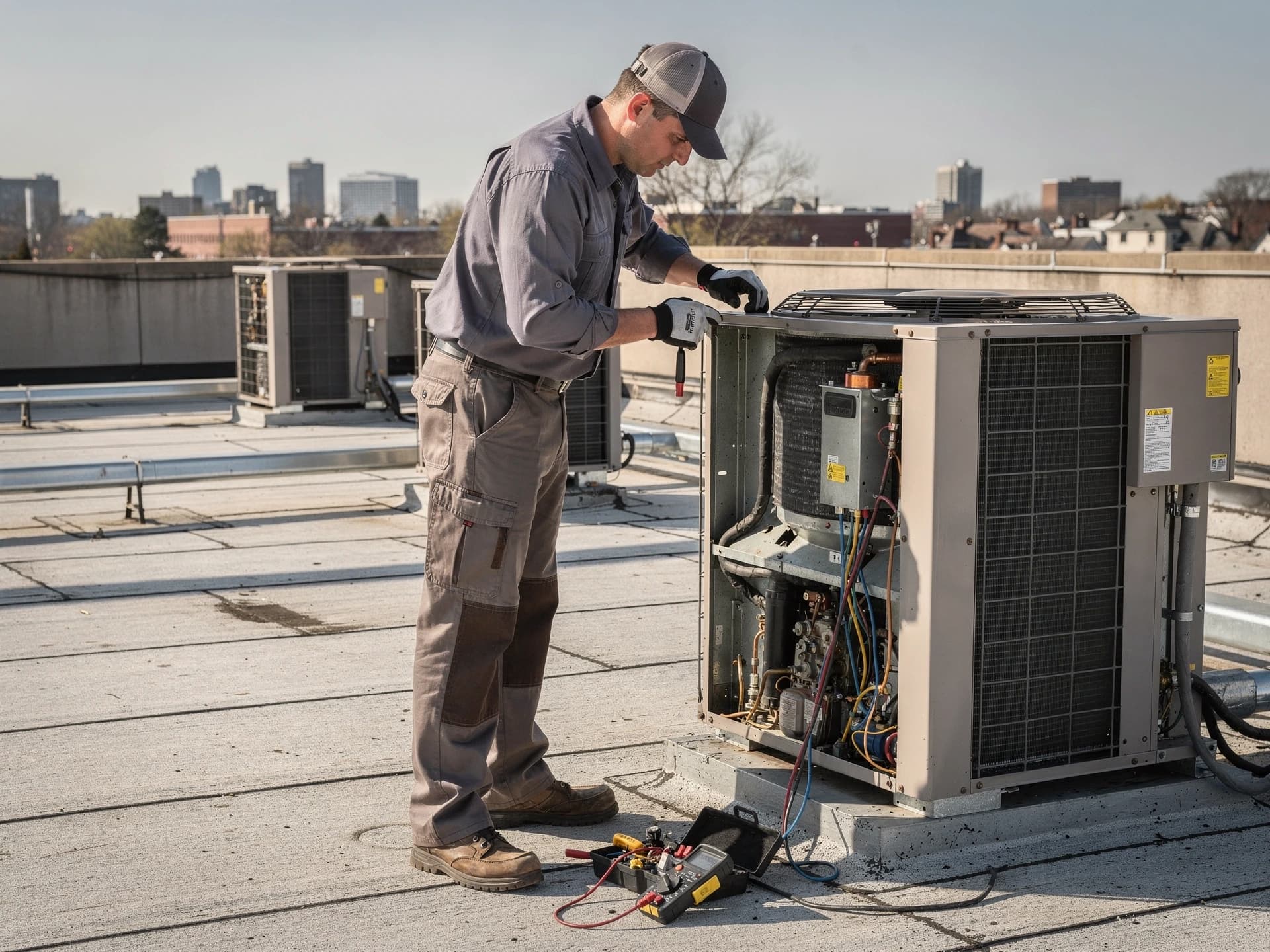 Commercial HVAC technician diagnosing rooftop equipment in New Jersey