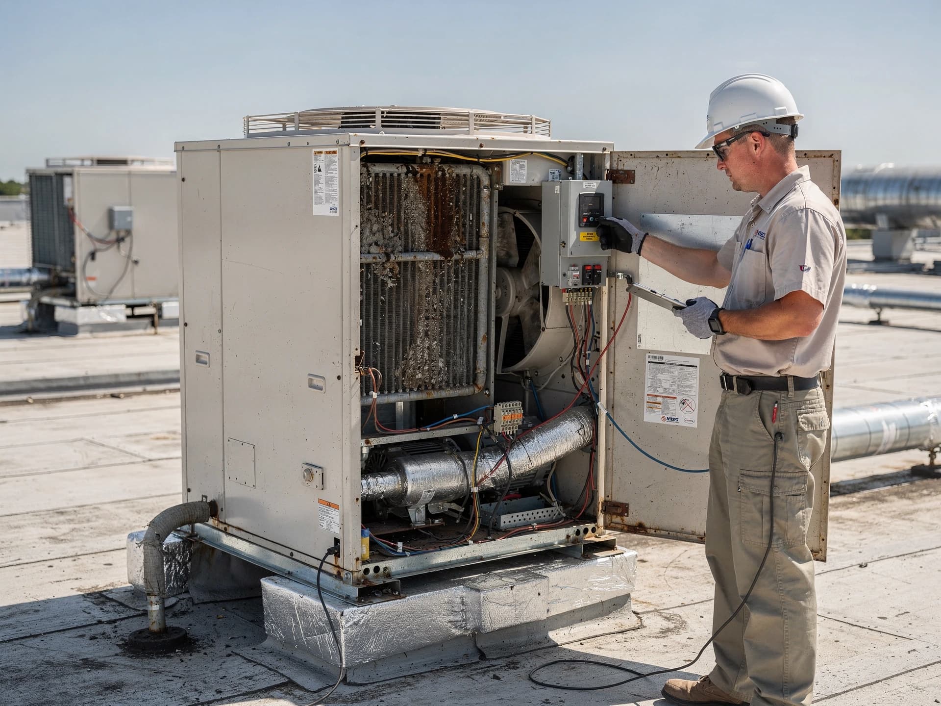 Commercial HVAC technician evaluating rooftop equipment for replacement