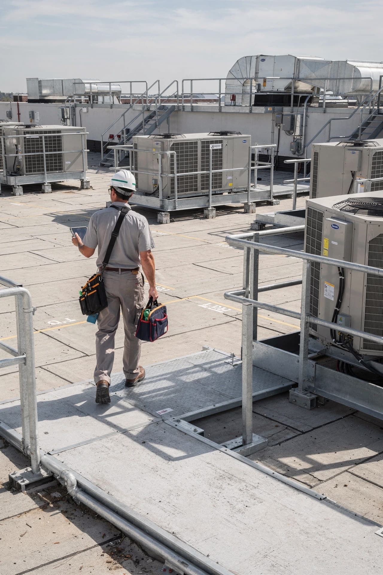 Commercial HVAC technician planning rooftop equipment replacement and retrofit work