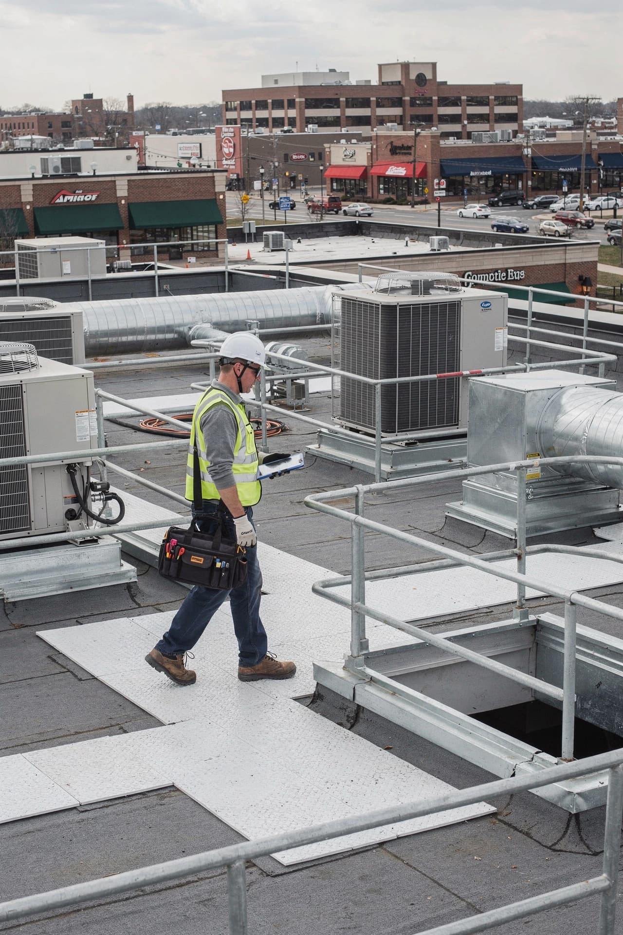 CHVAC technician accessing commercial rooftop equipment at a business property