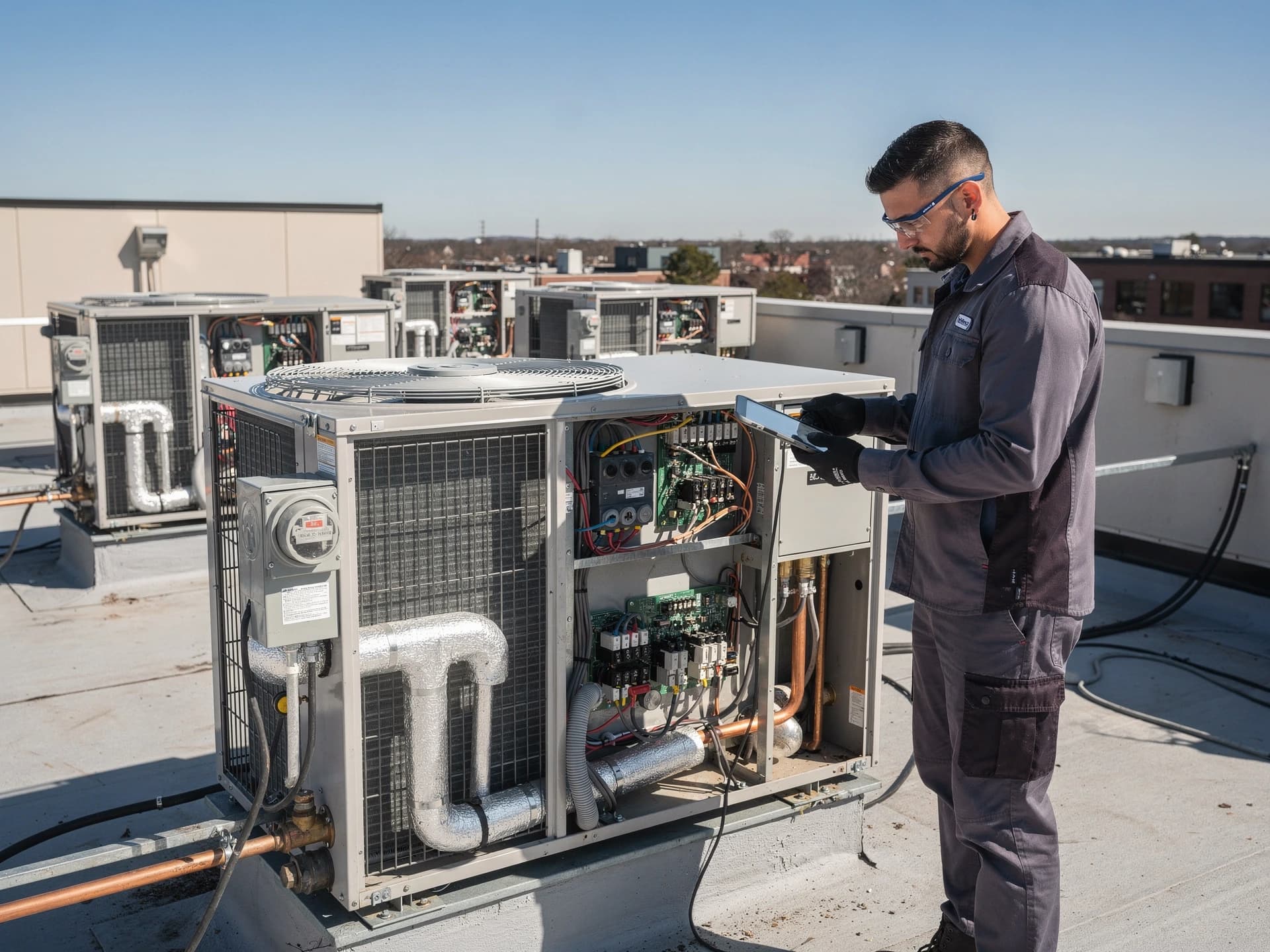 Commercial HVAC technician checking rooftop unit airflow in New Jersey