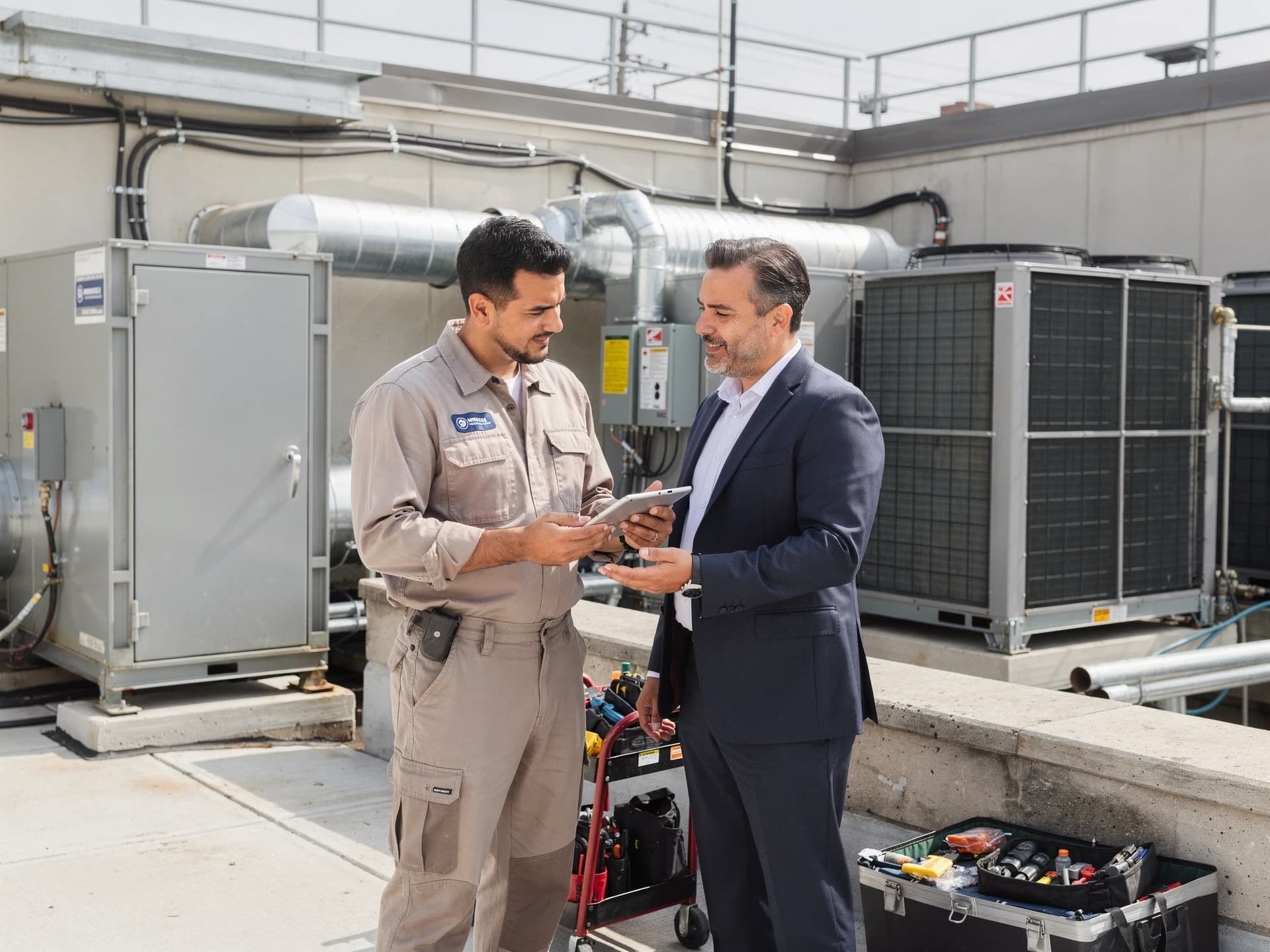 Commercial HVAC technician preparing service recommendations for a New Jersey property