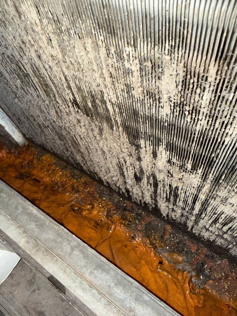 Dirty commercial HVAC drain pan found during preventive maintenance