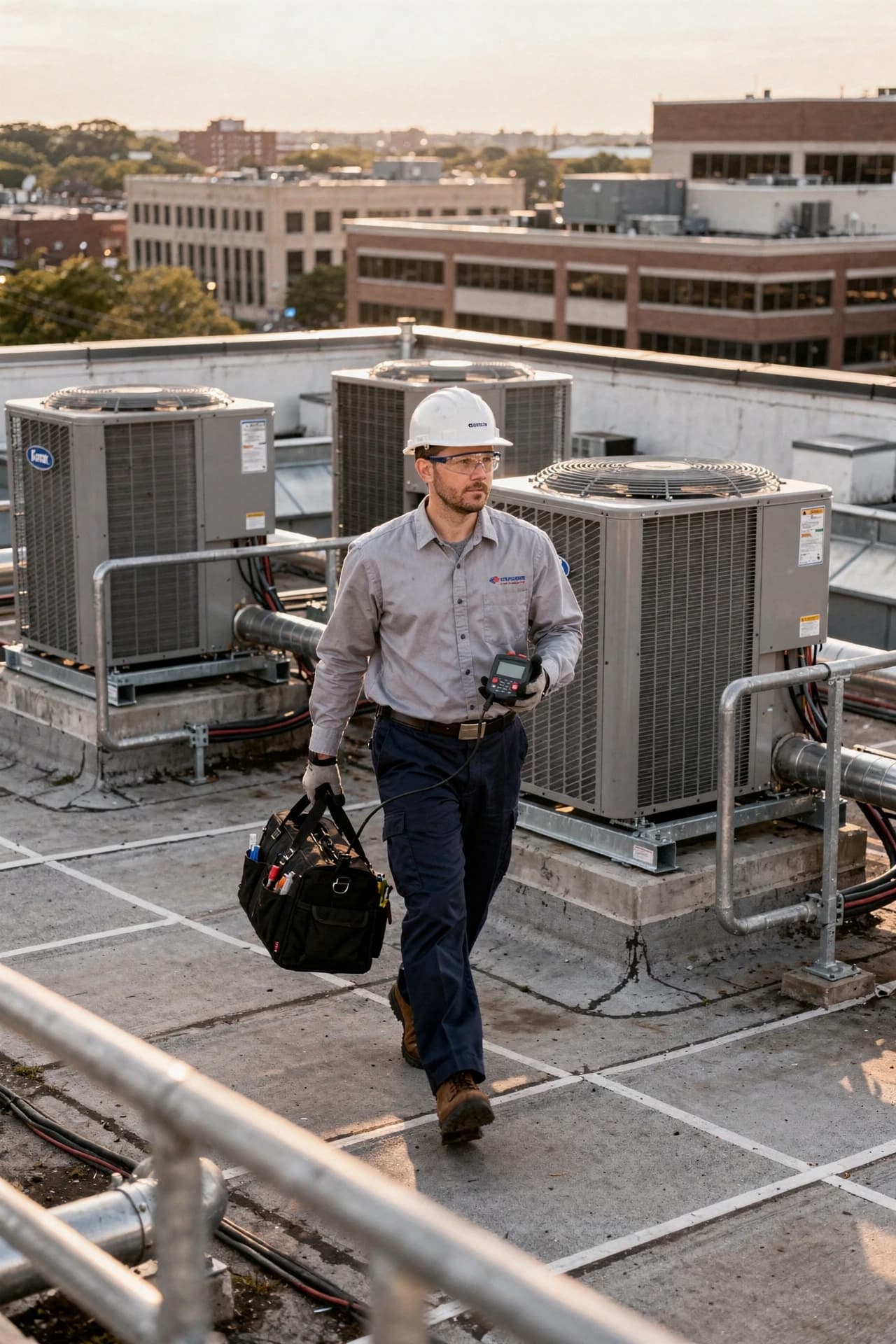 Commercial HVAC technician arriving for urgent rooftop repair service