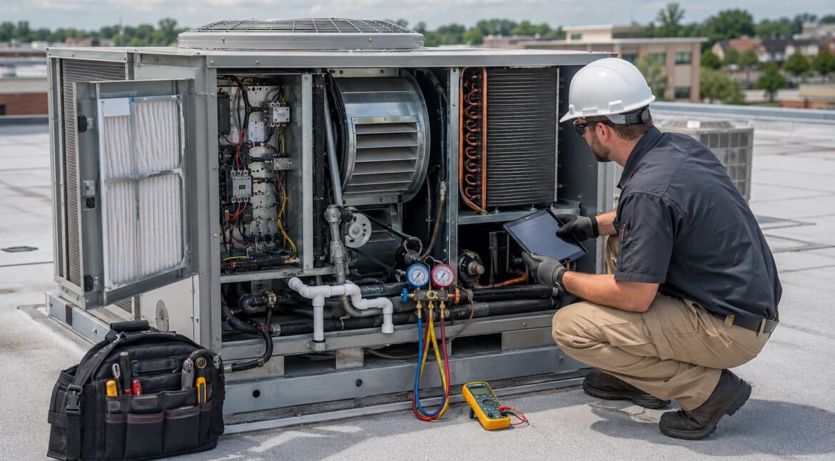 Commercial HVAC technician inspecting a rooftop HVAC unit on a flat roof