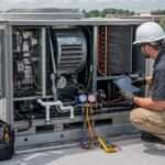 Commercial HVAC technician inspecting a rooftop HVAC unit on a flat roof