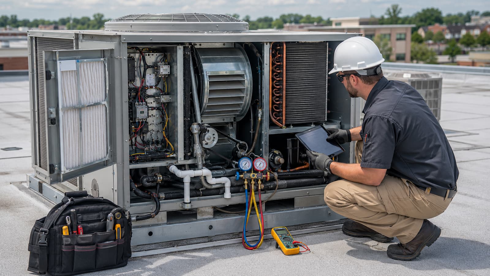 Commercial HVAC technician inspecting a rooftop HVAC unit on a flat roof