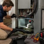 HVAC technician diagnosing water leaking from an indoor AC unit