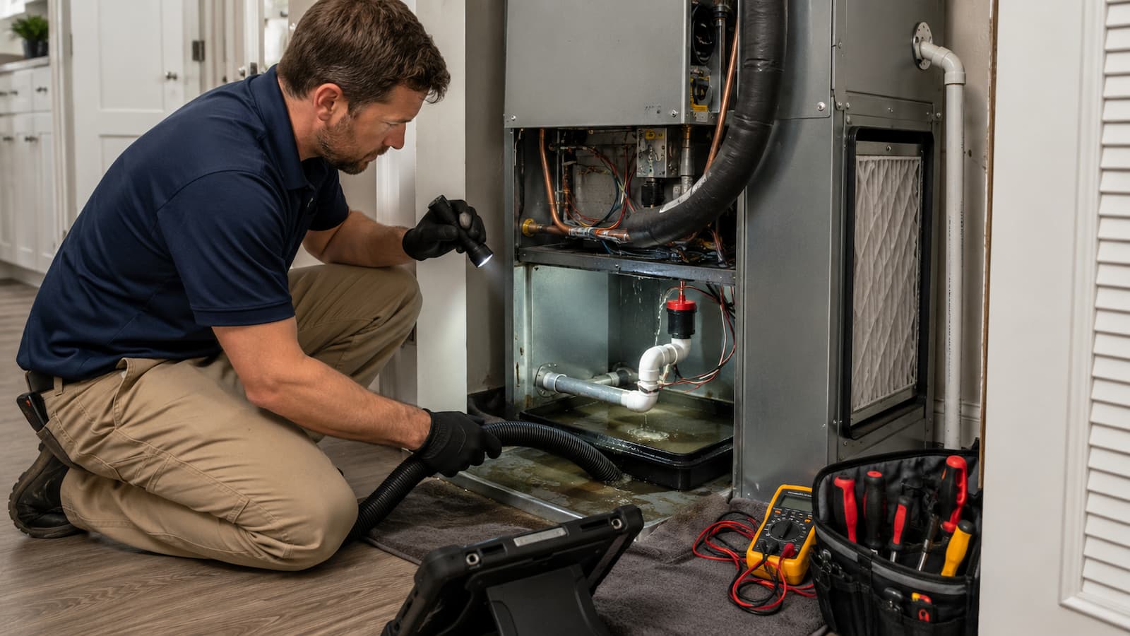 HVAC technician diagnosing water leaking from an indoor AC unit