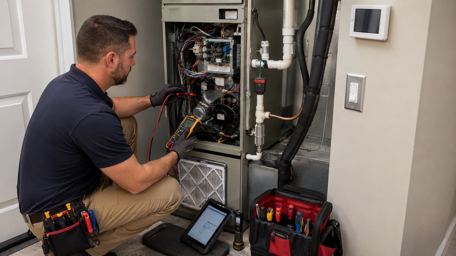 HVAC technician diagnosing why a central AC will not turn on