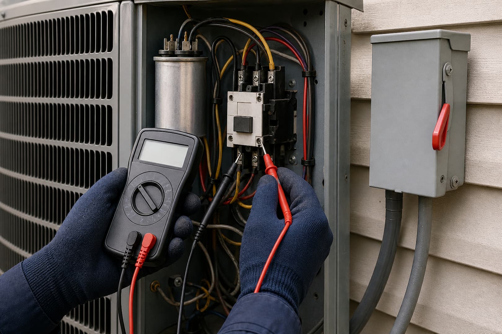 Sadowski HVAC technician safely diagnosing buzzing and clicking at an outdoor AC unit