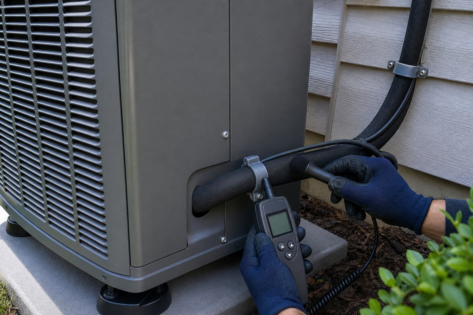 HVAC technician inspecting refrigerant lines and cabinet panels for rattling and hissing
