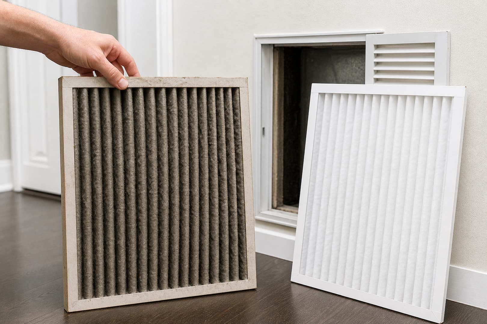 Clean and clogged residential HVAC filters compared beside a furnace filter rack