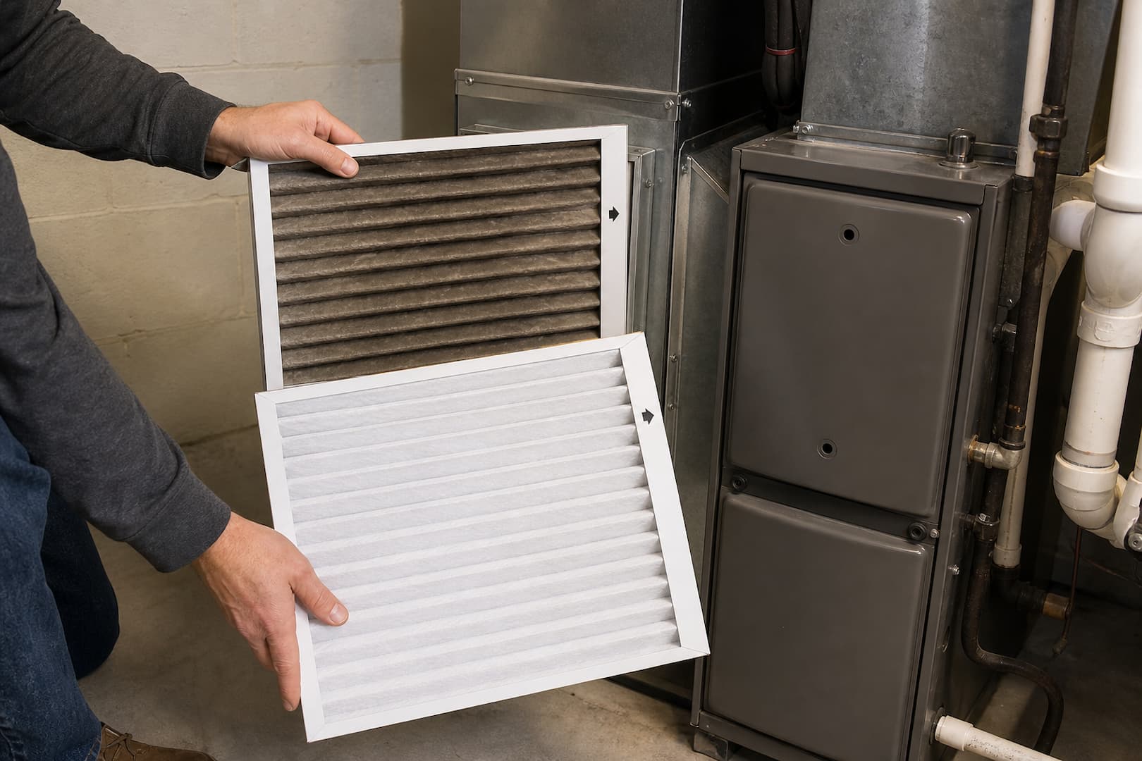Homeowner checking a furnace air filter before restarting the heating system