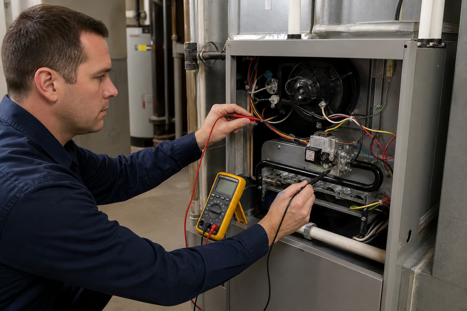 HVAC technician testing the ignition and safety sequence of a residential gas furnace