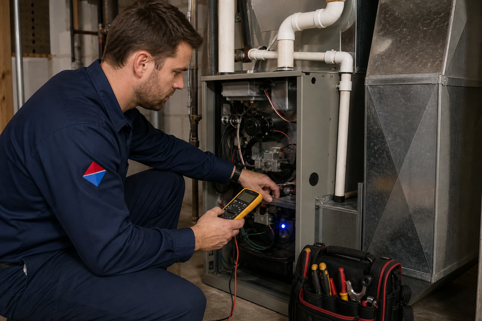 Sadowski HVAC technician inspecting the ignition sequence of a gas furnace