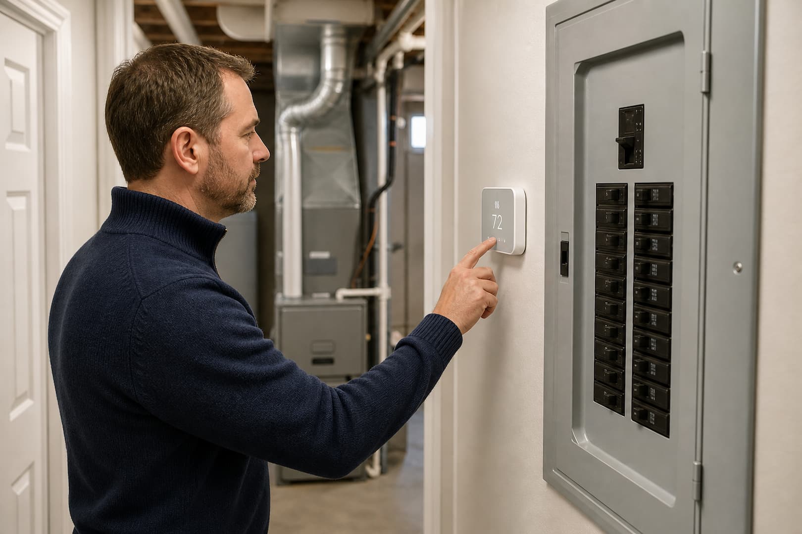 Homeowner checking thermostat settings while a furnace does not start