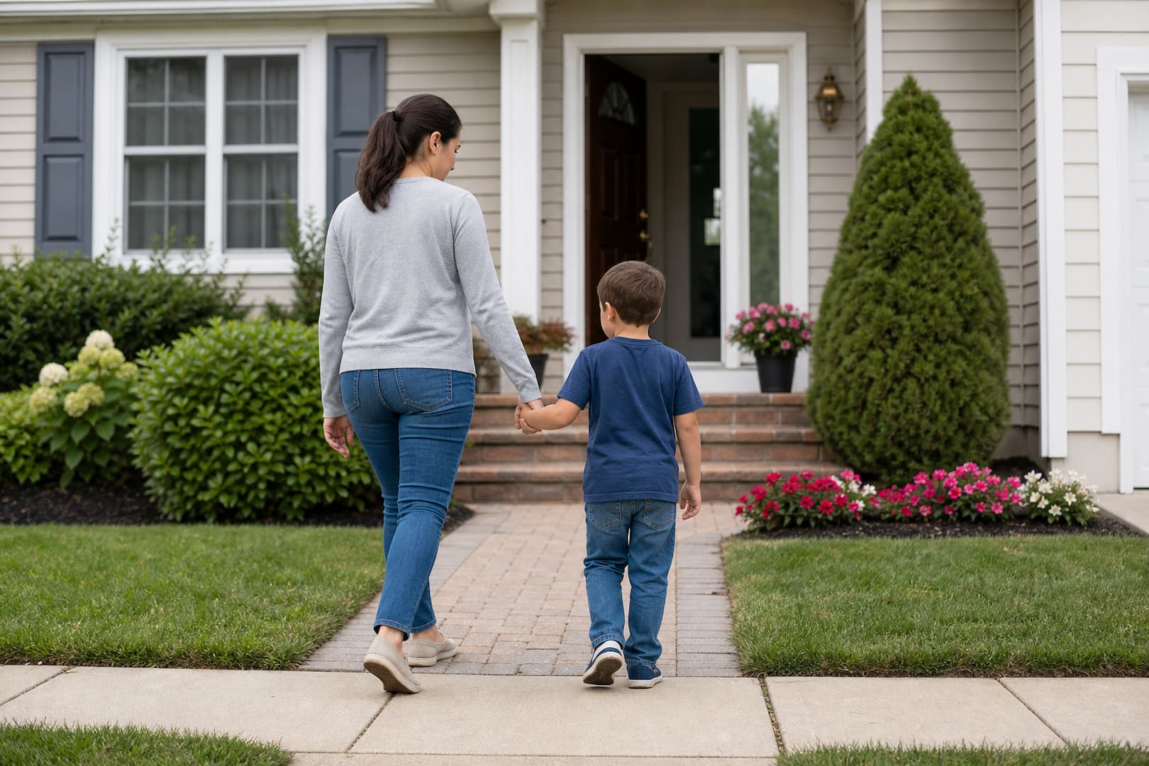 Family safely leaving a home after noticing a possible natural gas odor