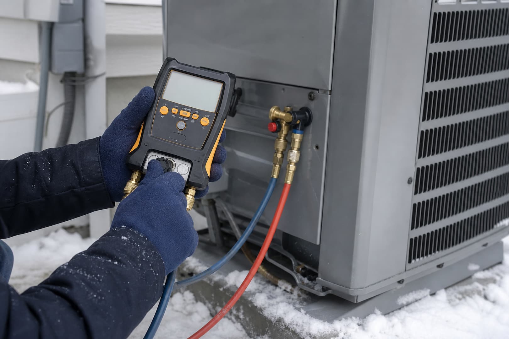 Sadowski HVAC technician testing a heat pump in heating mode during winter