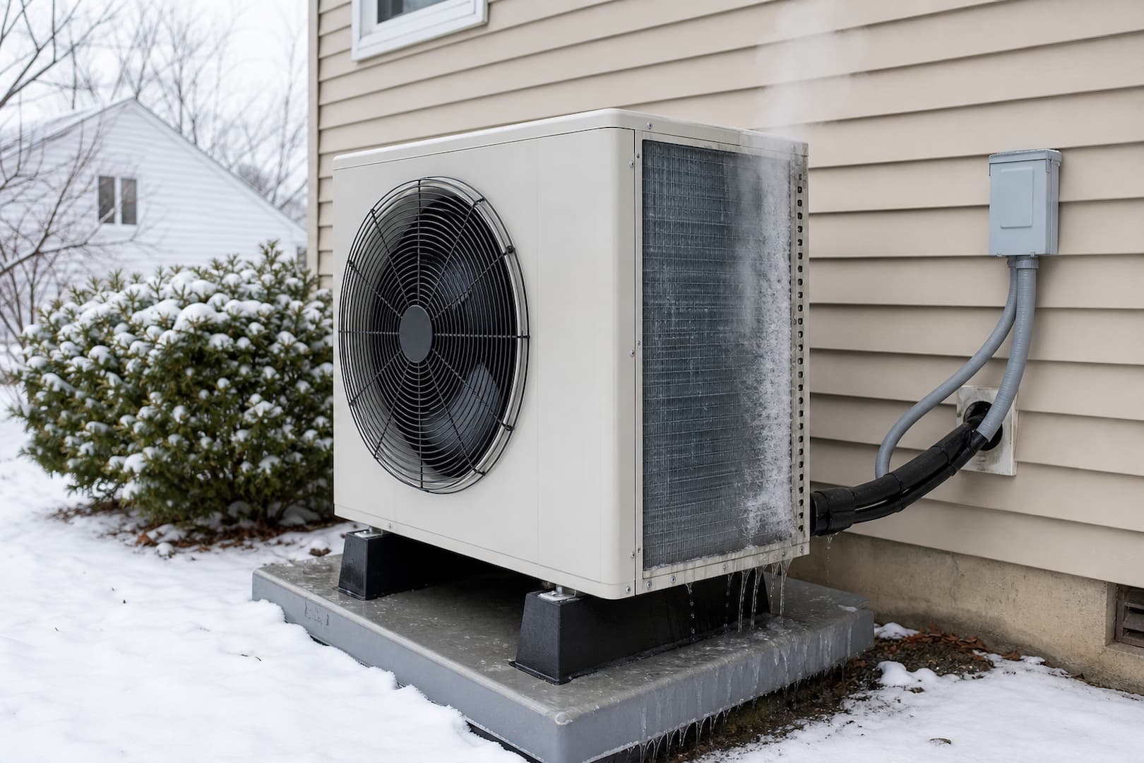 Residential heat pump going through a normal winter defrost cycle with light steam