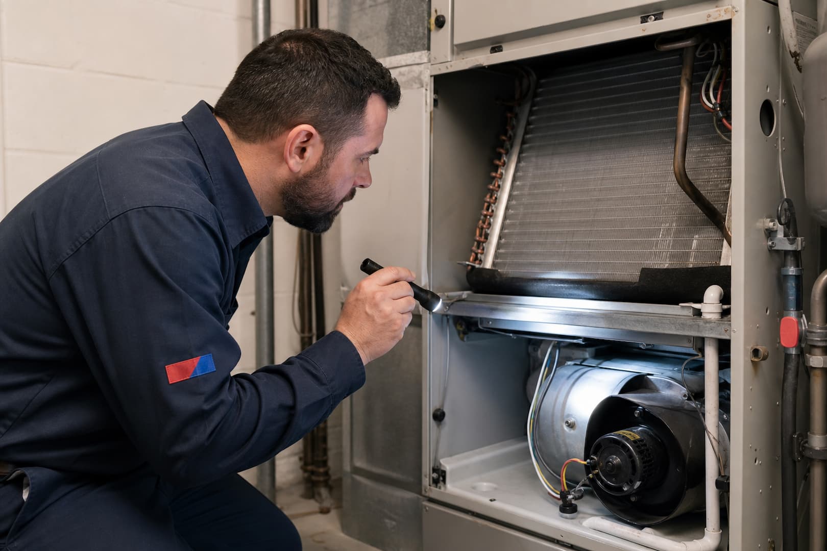 HVAC technician inspecting a blower, coil, drain, and electrical compartment after an unusual odor