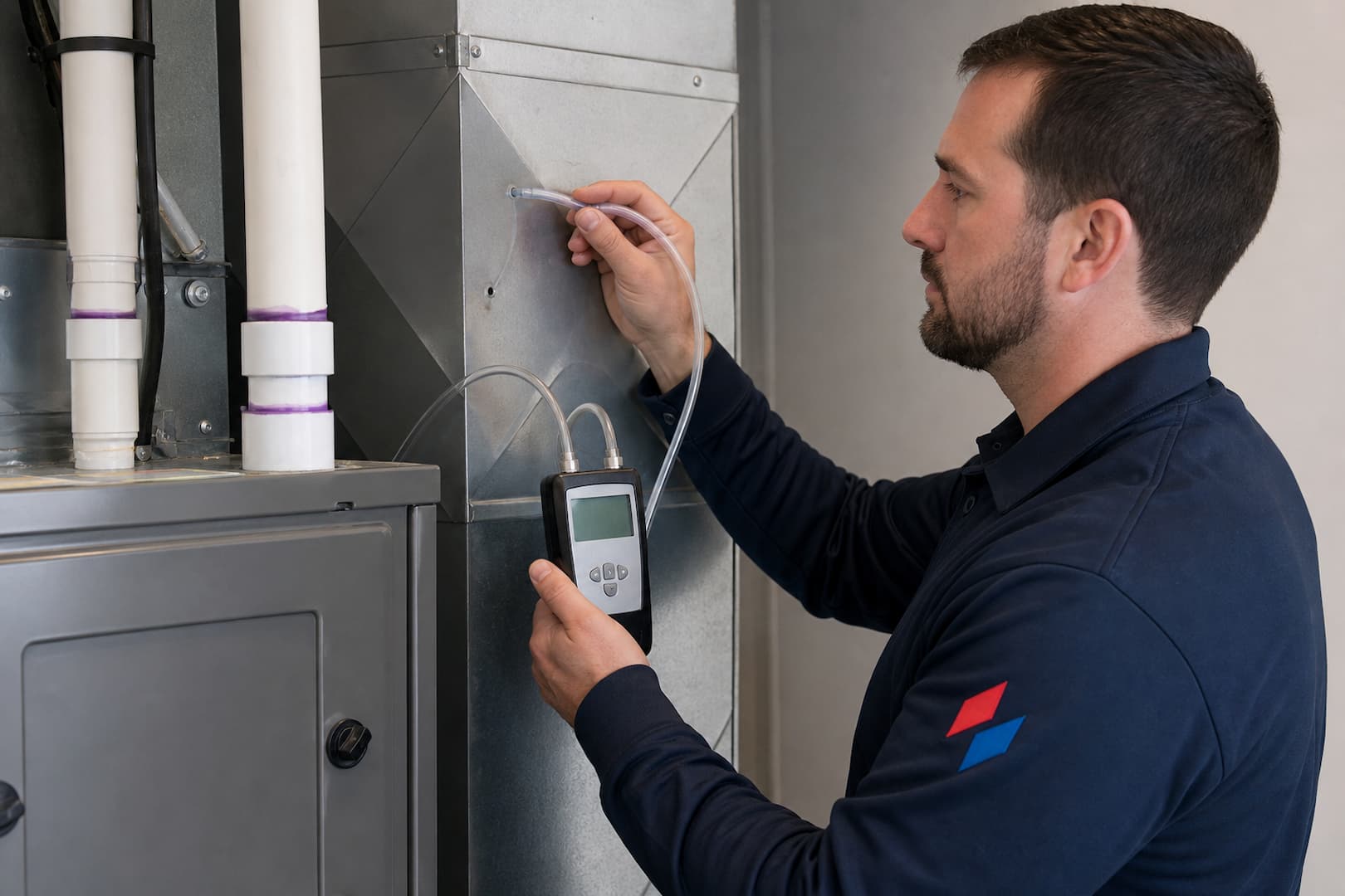 Sadowski HVAC technician measuring static pressure and airflow in residential ductwork