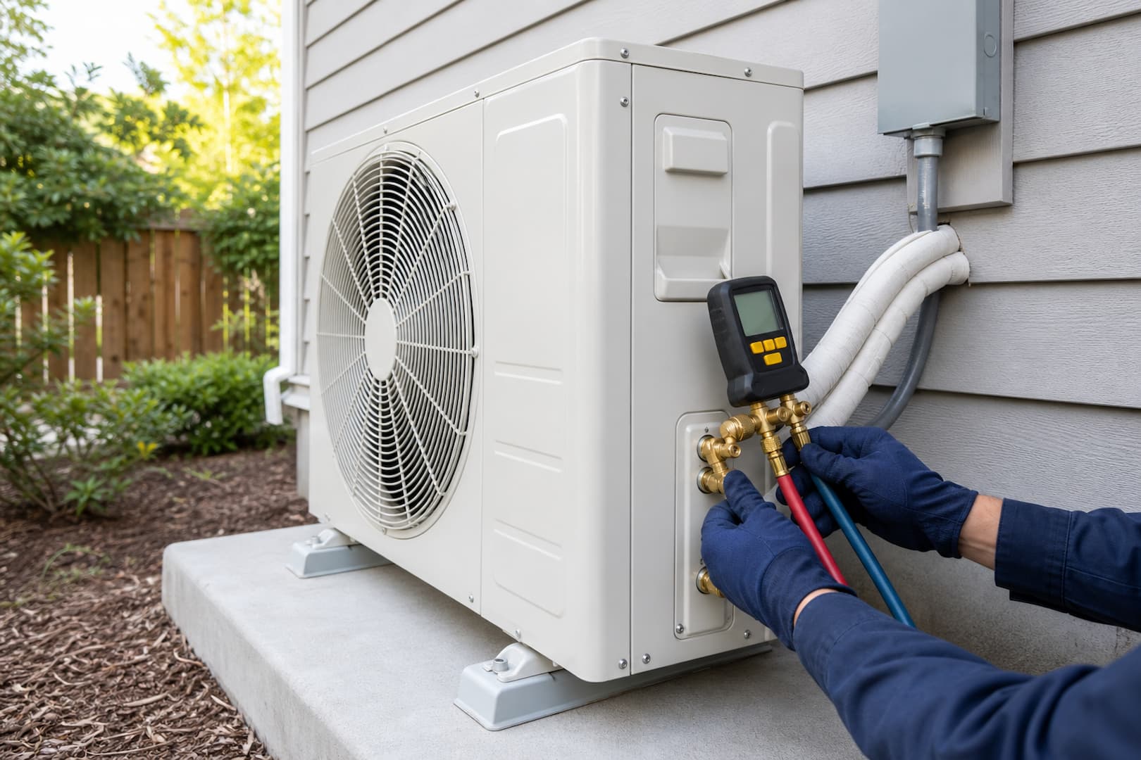 HVAC technician diagnosing a ductless mini-split indoor head and outdoor unit