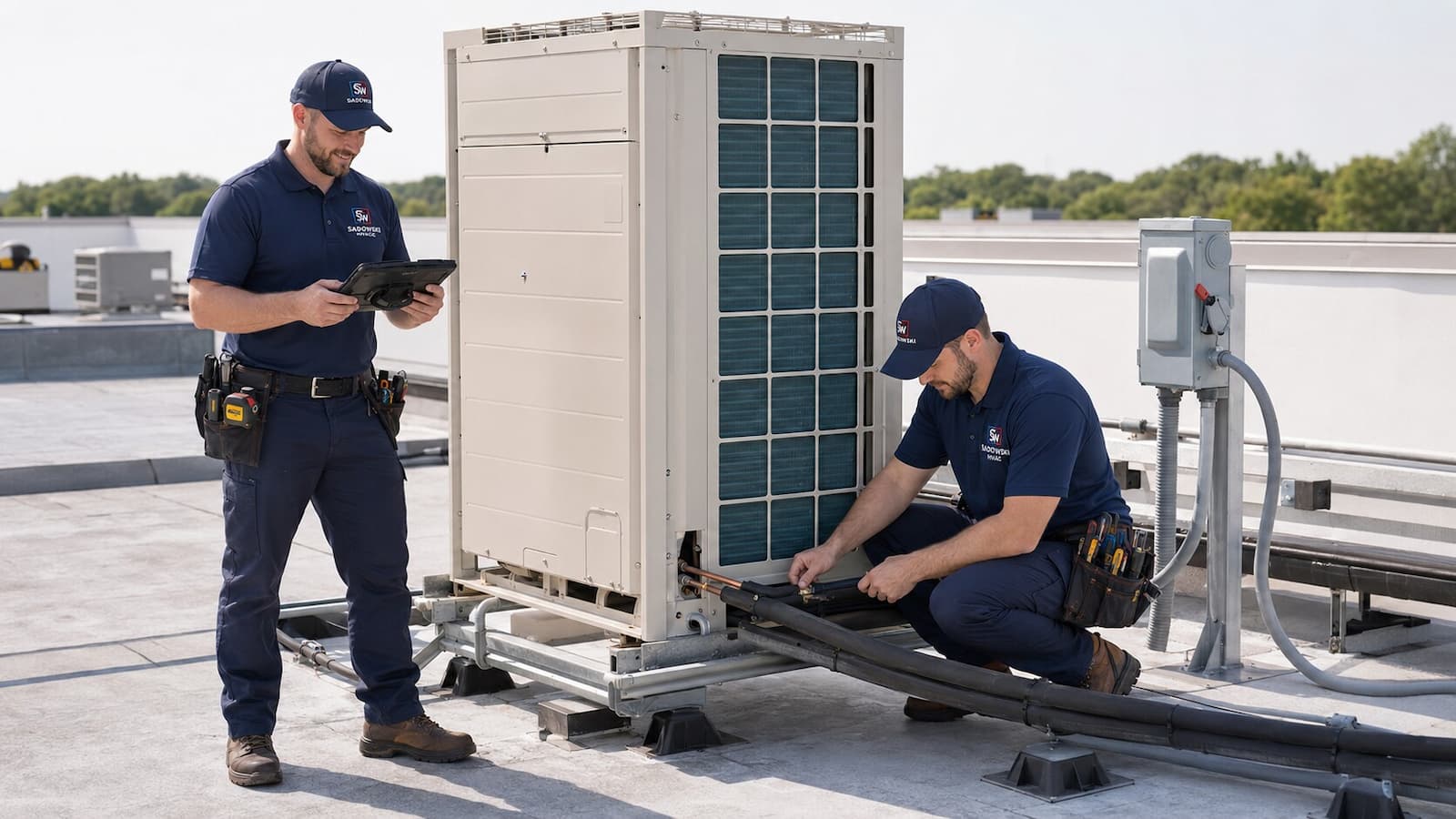 Sadowski HVAC technicians installing and checking a commercial rooftop VRF system in Linden NJ