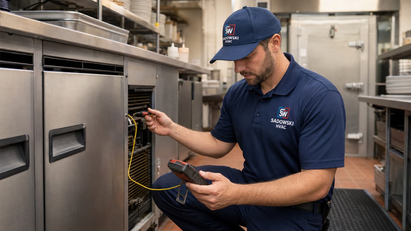 Sadowski HVAC technician diagnosing a refrigerated prep table in a Linden restaurant