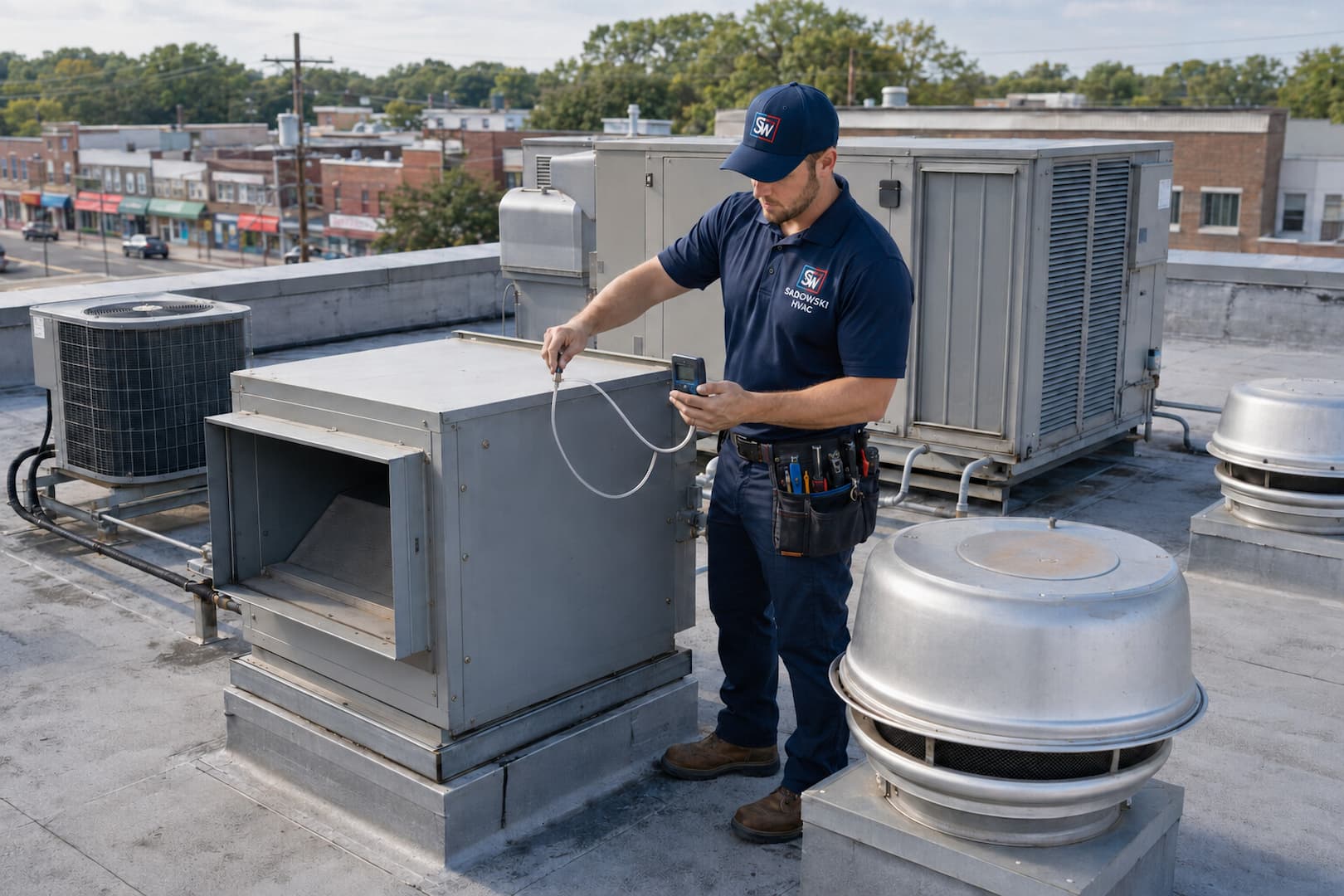 Sadowski HVAC technician checking restaurant rooftop HVAC, make-up air, exhaust, and refrigeration equipment