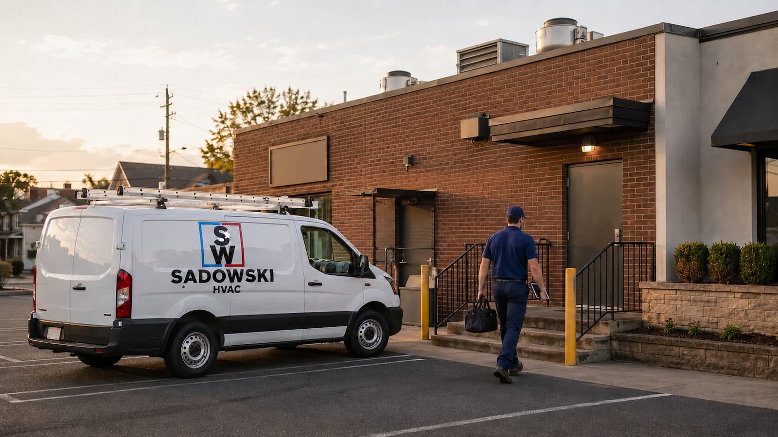 Sadowski HVAC service van arriving at a restaurant in Linden New Jersey