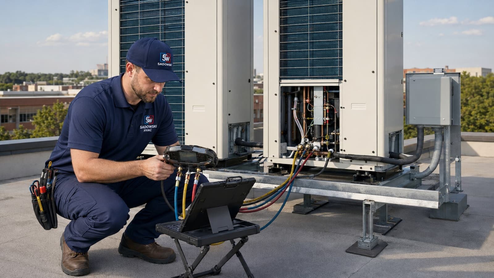Sadowski HVAC technician commissioning a commercial VRF system with digital service instruments