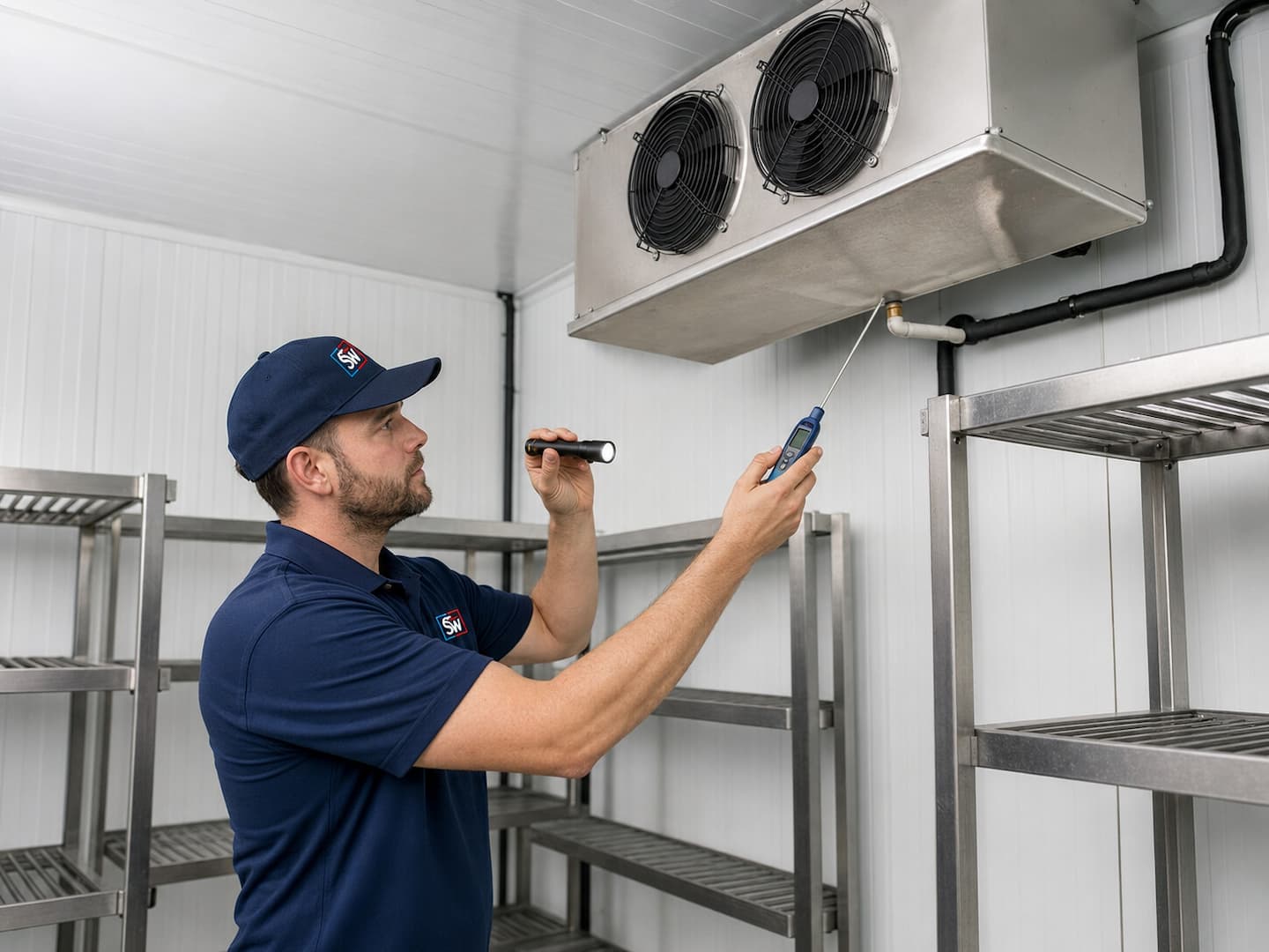 Sadowski HVAC technician checking a walk-in cooler evaporator in Linden NJ