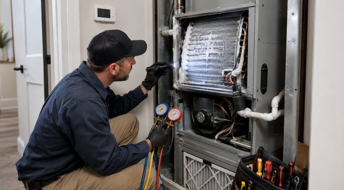 HVAC technician inspecting a frozen AC coil and refrigerant line