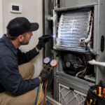 HVAC technician inspecting a frozen AC coil and refrigerant line