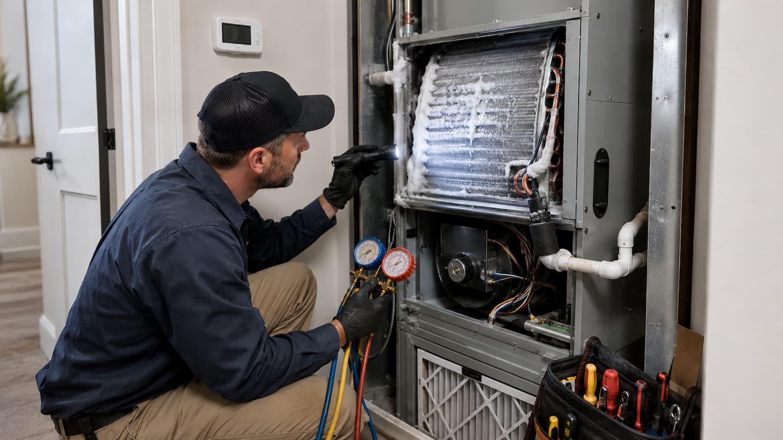 HVAC technician inspecting a frozen AC coil and refrigerant line