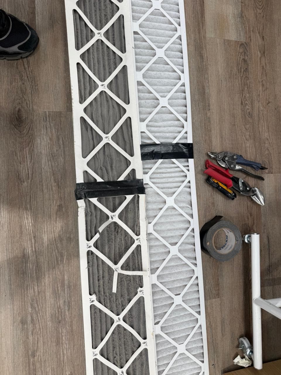 Commercial replacement air filters and HVAC service tools prepared for maintenance