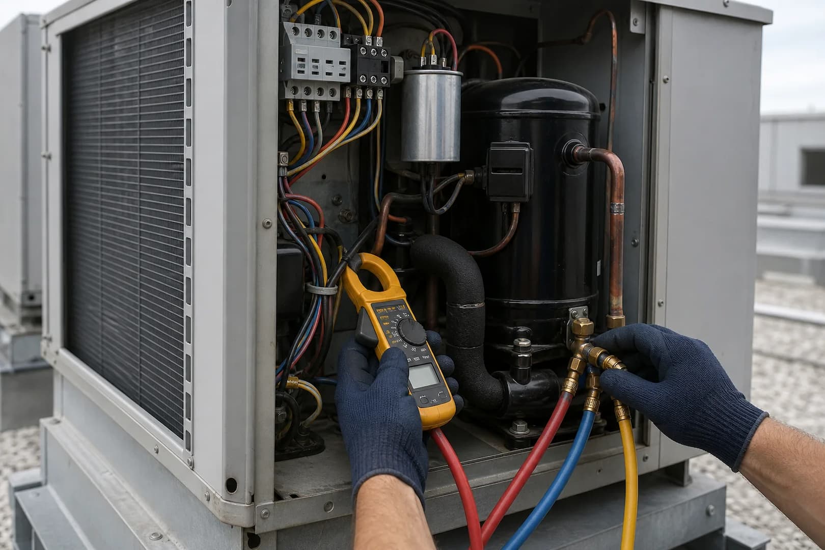 Commercial air conditioner compressor compartment with gauges and electrical test meter
