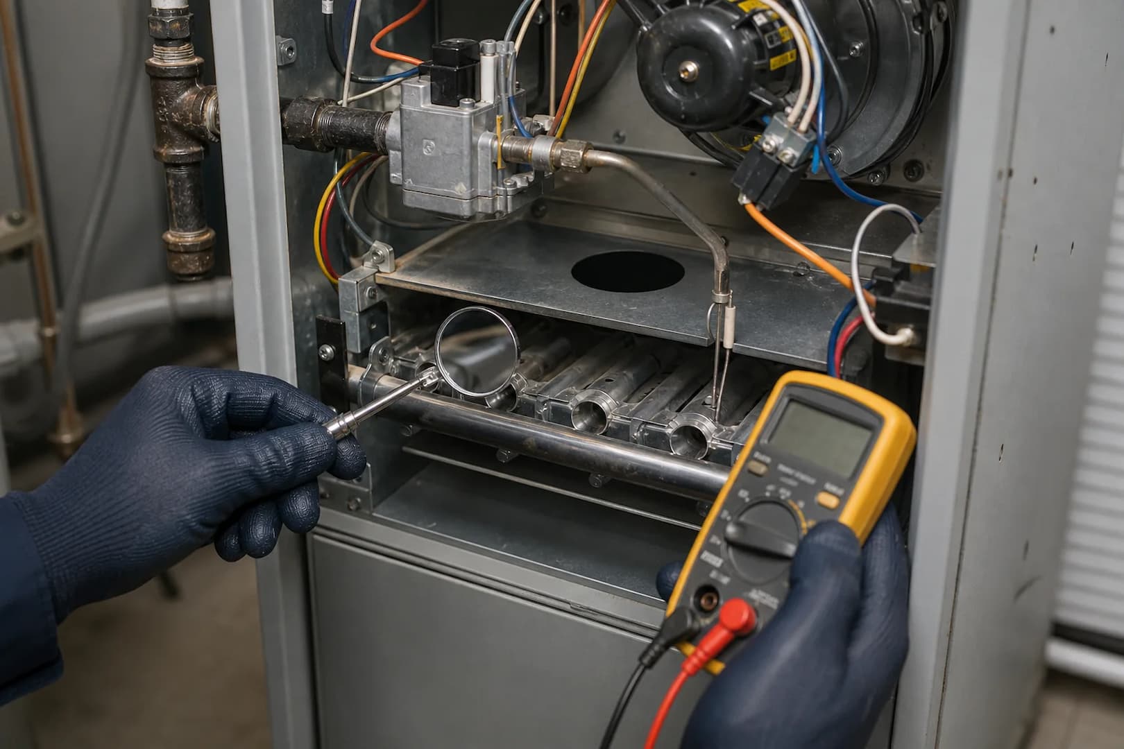 Commercial gas furnace burner and control compartment during professional inspection